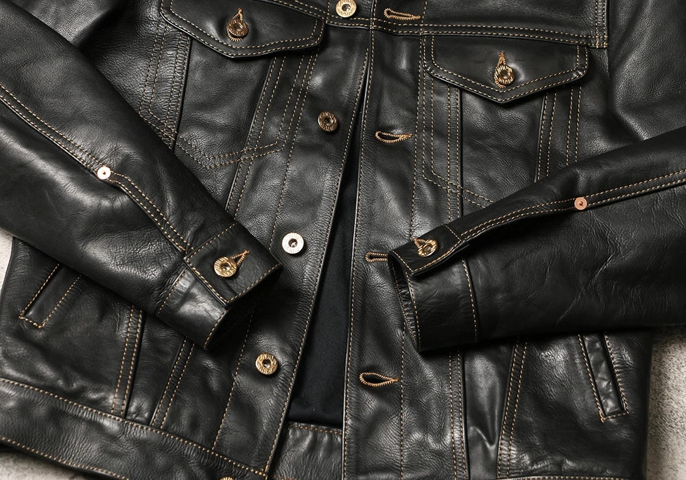 Black Autumn Leather Jacket Men Retro Style Plus Size 4XL Genuine Natural Thick Cowhide Single Breasted Casual Denim Coat