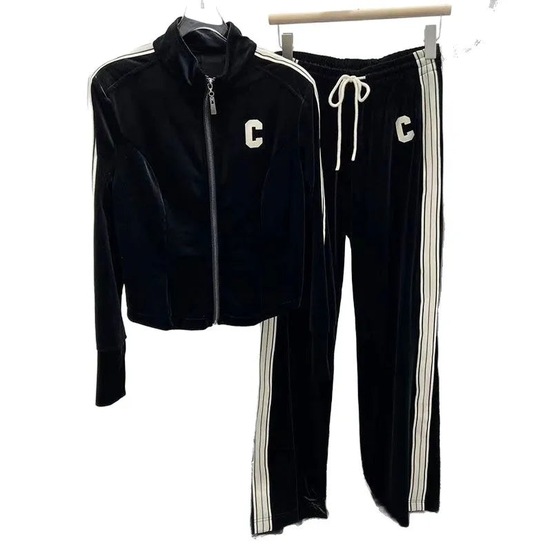 Elegant Velvet Sportswear Set for Women Straight Leg Pants High Collar Jacket Autumn Fashion Comfortable Casual Outfit Two Pi...