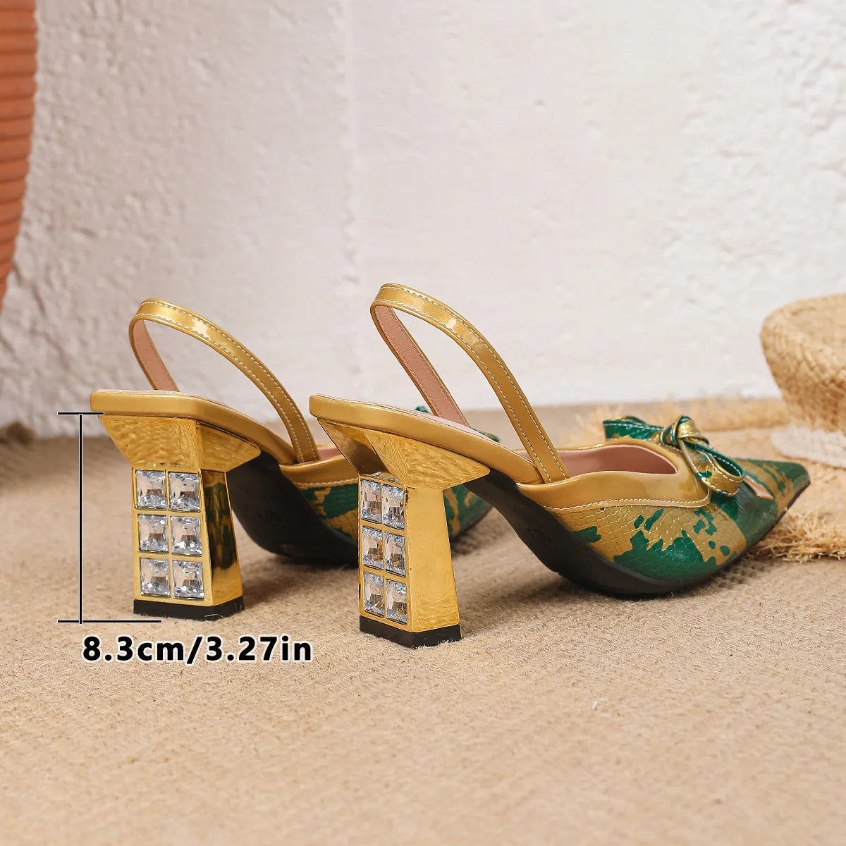 Women's Pointed Toe High Heels with Back Strap Butterfly Knot PU Leather Slip-On Shoes Green And Gold Color Block Clog Shoes