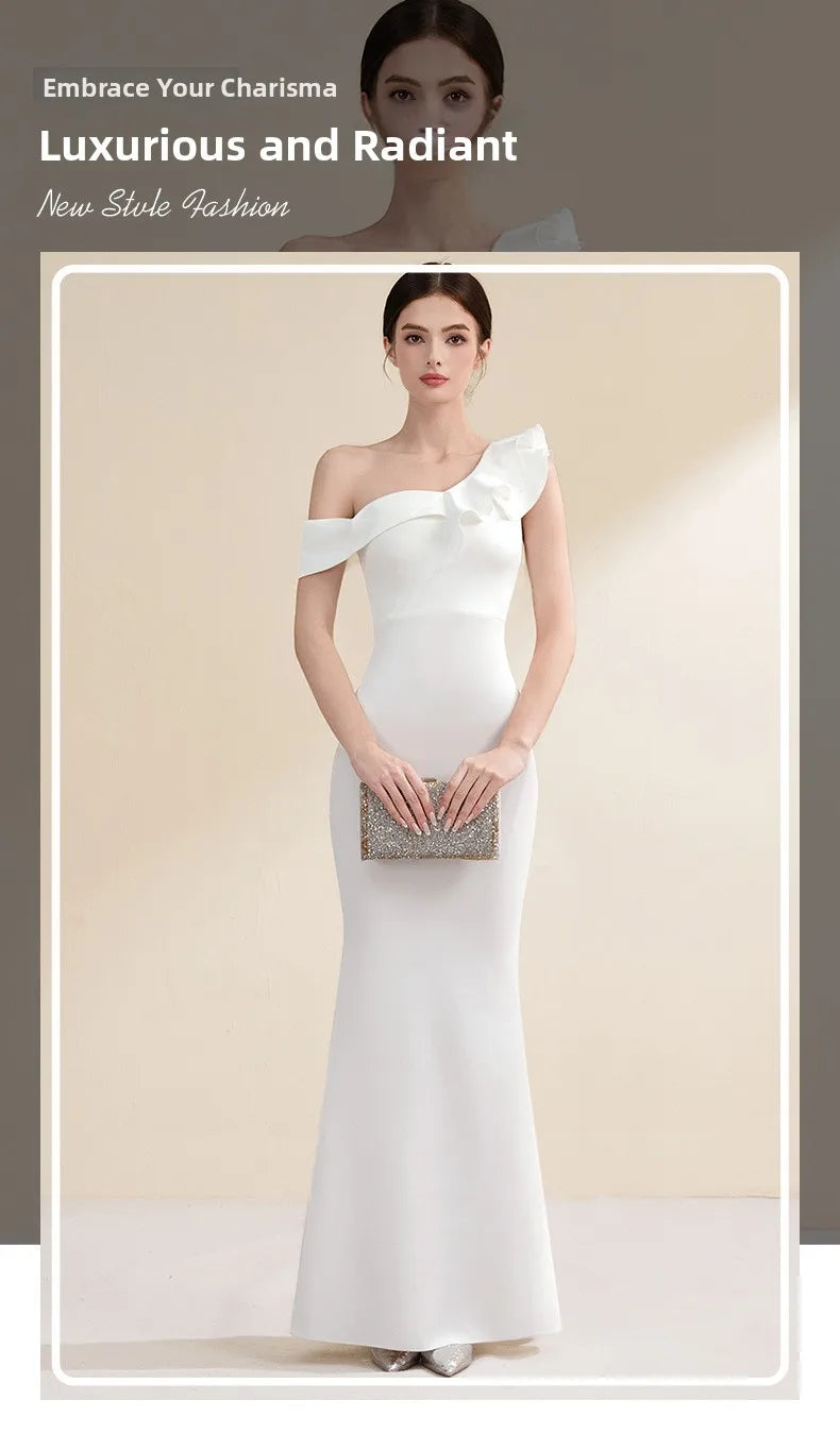 Elegant Evening Gown Slimming Fish Tail Dress Fashionable Shoulder Bared Polyester Long Sleeve High Waist Party Dress