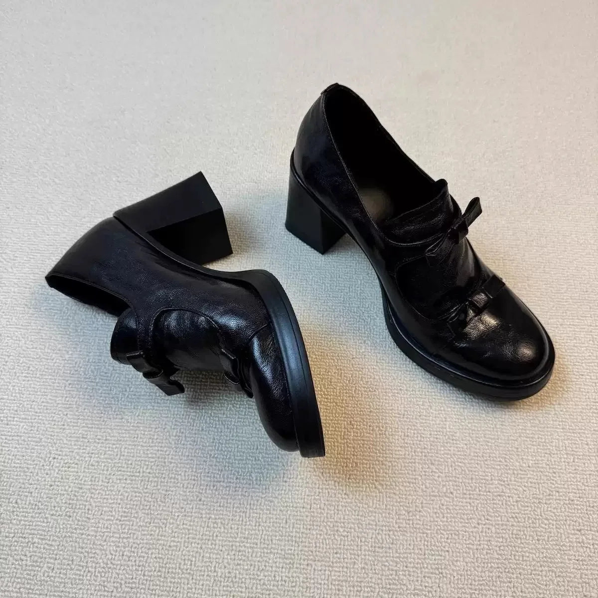 Soft Cowhide British Style round Toe High Heel Women's Slip-On Chunky Heel Shoes Elegant Versatile Loafers for All Seasons