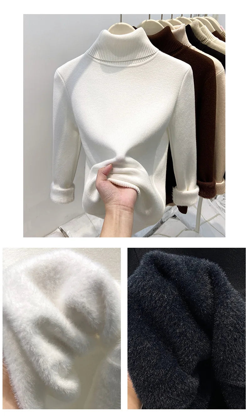 Thickened High Collar One-Piece Fleece Knitted Sweater Women Winter Slim Fit Inner Wear Fashionable Basic Style Base Shirt