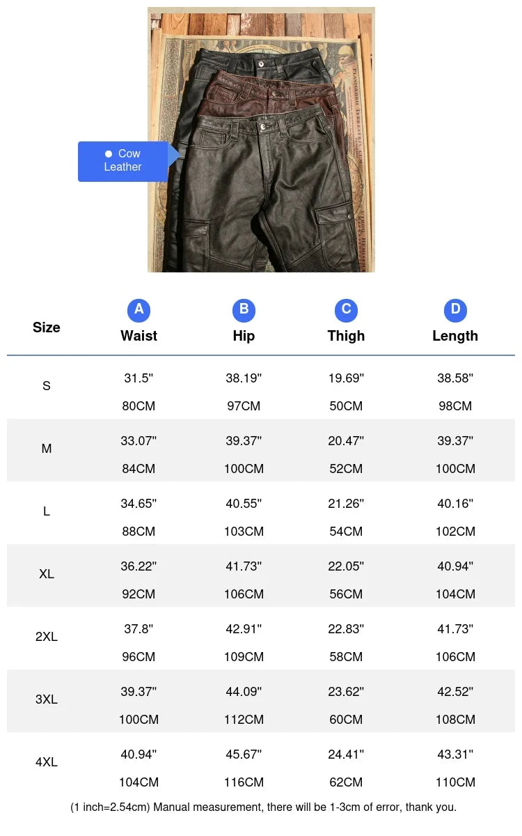Retro Black Winter Leather Trousers Men Vintage Style Genuine Natural Cowhide Can Add Motorcycle Protection Device Leather Pants