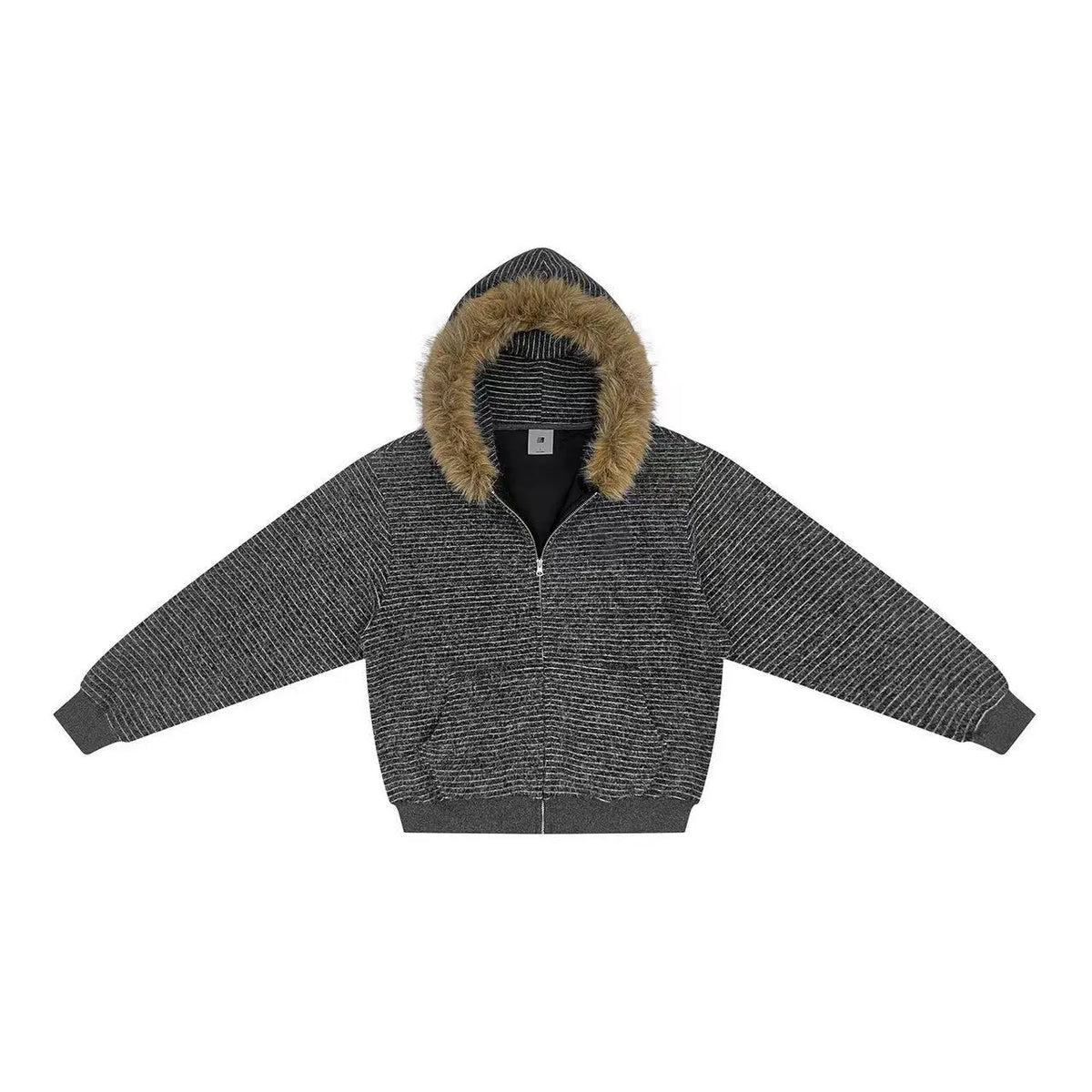 Retro American Striped Hoodie Jacket Women's Loose Fur Collar Outerwear Autumn Winter Zipper Open Cardigan Style Polyester