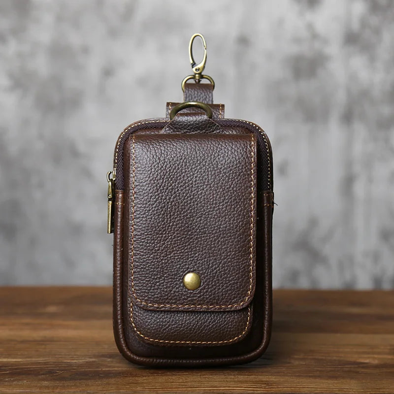 NZPJ Genuine Leather Men's Waist Bag Top Layer Cowhide Fashion Hook Bag Leisure Belt Bag Cigarette Box 6.5-inch Mobile Phone Bag