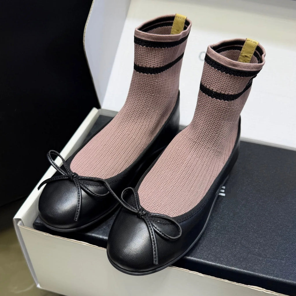 Elegant Mary Jane Shoes Women's Casual Butterfly Knot Elastic Slim Boots French Ballet Style Splicing Breathable Waterproof