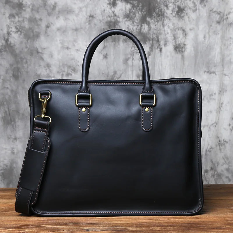 NZPJ Vintage Genuine Leather Men's Briefcase Natural Cowhide Handbag Crossbody Leisure Commuting Computer Bag for Men