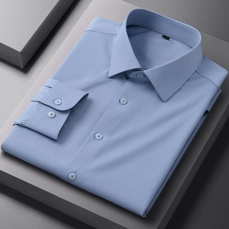 Bamboo Fiber Solid Color Long Sleeve Shirts for Men Slim Fit Formal Plain Shirt Work Anti-Wrinkle Tops Soft Office Clothes