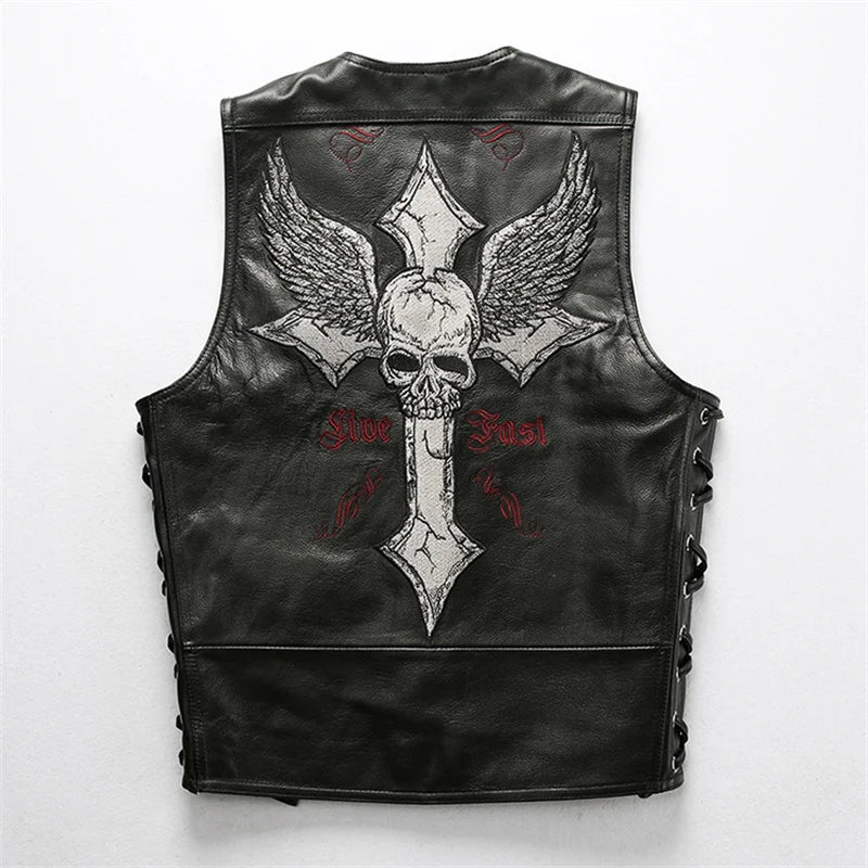 Black Four Seasons Leather Vest Men Sports Style Plus Size 4XL Genuine Natural Cowhide Single Breasted Skulls Embroidery Vest