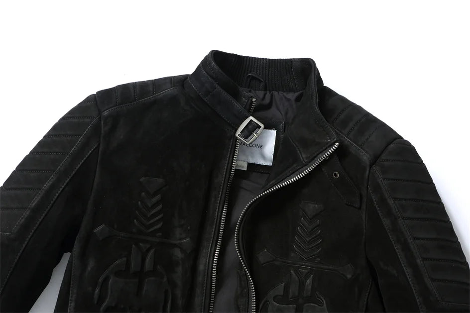 Black Winter Leather Jacket Men Vintage Style Plus Size 3XL Genuine Natural Thick Cow Suede Stand Collar Skulls Pattern Coat