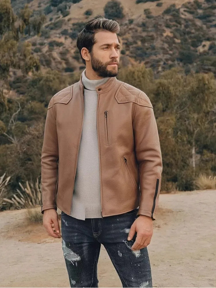 Light Brown Winter Leather Jacket Men Sprots Style Plus Size 5XL Genuine Natural Thick Cowhide Stand Collar Slim Leather Coat