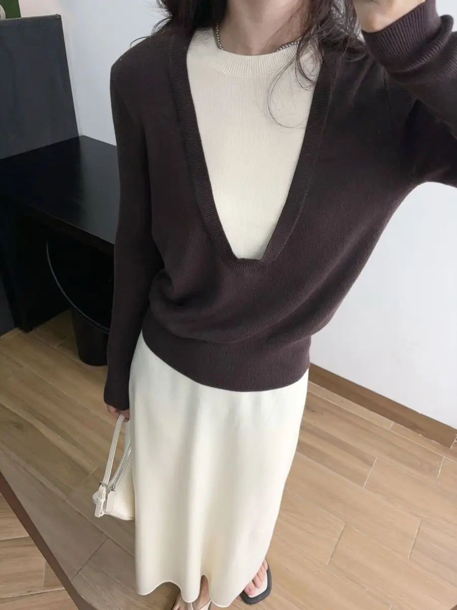 Andy Velvet Washed Large U-Neck Layered Slim Fit Knitwear Design Sensation Color Block Autumn Winter Top Polo Collar Sleeveless