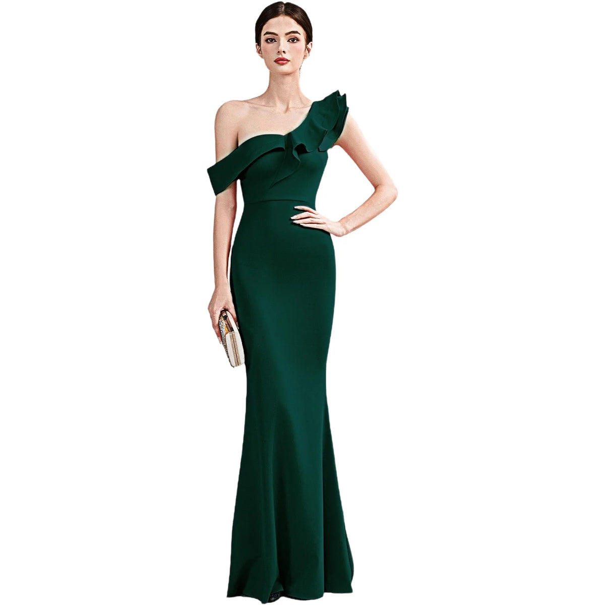 Elegant Evening Gown Slimming Fish Tail Dress Fashionable Shoulder Bared Polyester Long Sleeve High Waist Party Dress