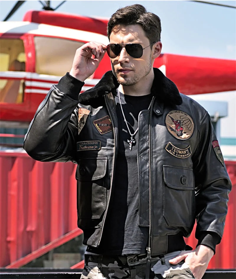 Black Winter Leather Jacket Men Retro Style Europe Size Genuine Natural Thick Sheepskin Turn-Down Collar Military G1 Flight Coat
