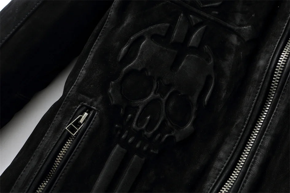 Black Winter Leather Jacket Men Vintage Style Plus Size 3XL Genuine Natural Thick Cow Suede Stand Collar Skulls Pattern Coat
