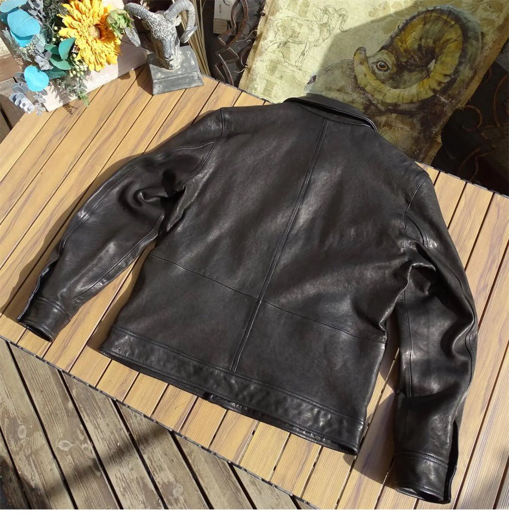 Black Autumn Leather Jacket Men Casual Style American Size Genuine Natural Sheepskin Turn-Down Collar Single Breasted Denim Coat