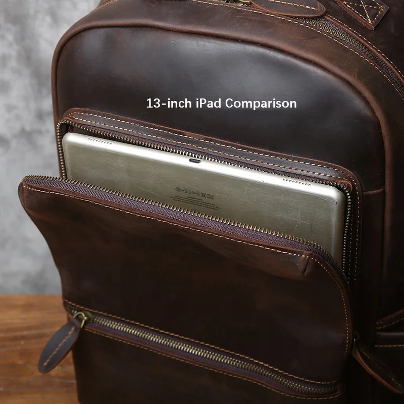 NZPJ Vintage Genuine Leather Men's Backpack Top-Grain Cowhide Large-Capacity Travel Backpack Crazy Horse Leather  Laptop Bag