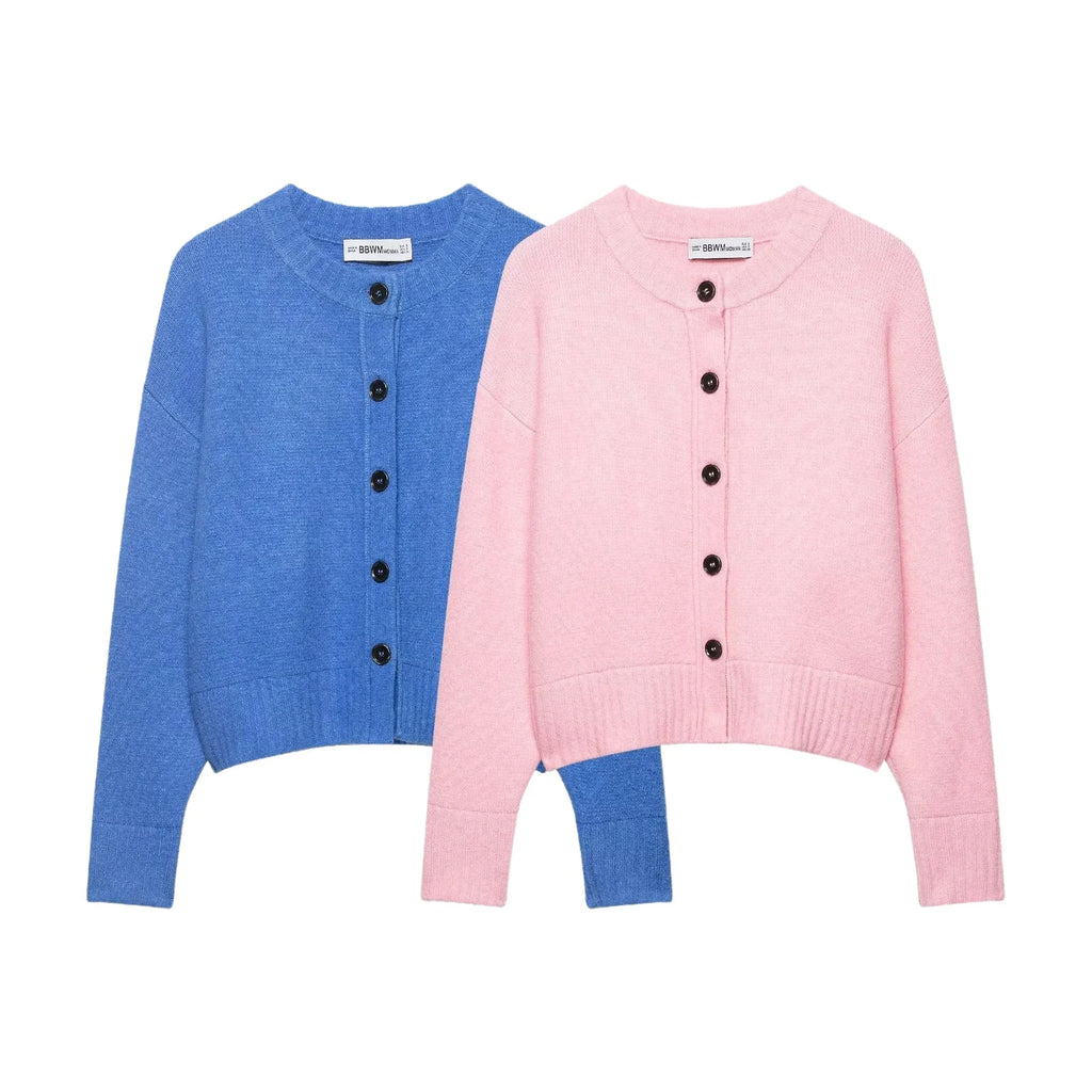 Loose Long Sleeve round Neck Knitted Sweater Women's Pure Color Single Button Autumn Winter New Style Comfortable Versatile K...