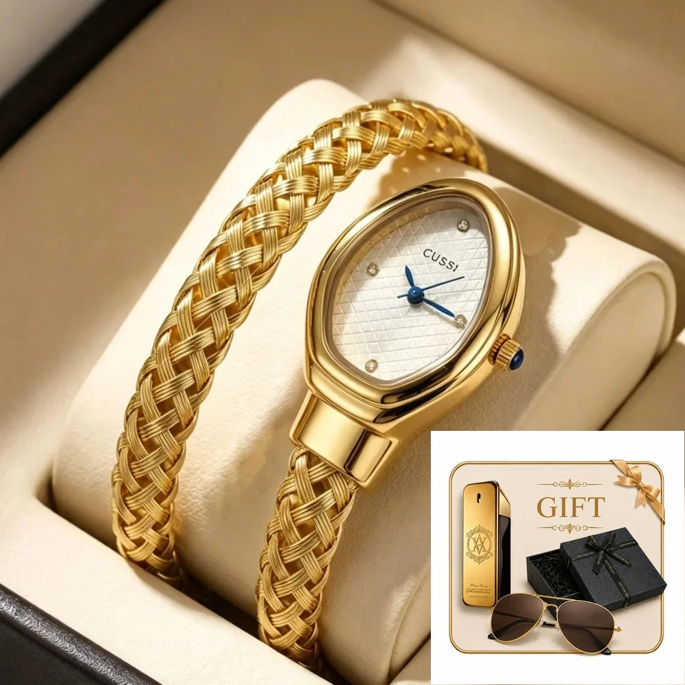 4pc Women's Gold Braided Metal Elegant Diamond Accent Sunglasses Perfume Quartzartz Watch Gift Box Set Daily Wear Valentine