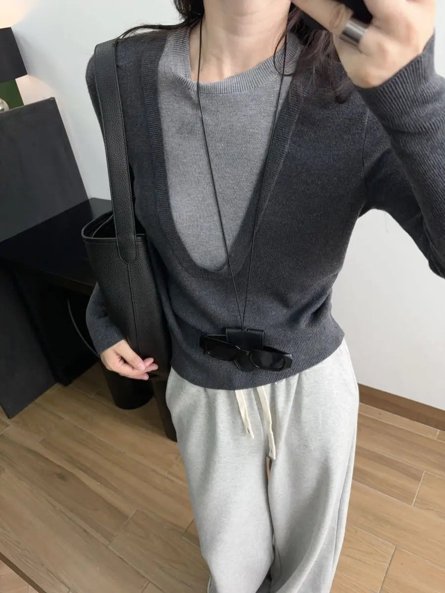 Andy Velvet Washed Large U-Neck Layered Slim Fit Knitwear Design Sensation Color Block Autumn Winter Top Polo Collar Sleeveless