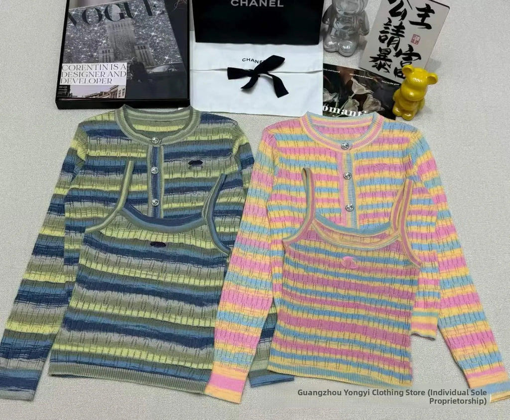 Colorful Striped Knitted Vest Hollow out Slimming U-Neck Summer Cardigan Fashionable Women's Clothing Breathable Ice Silk