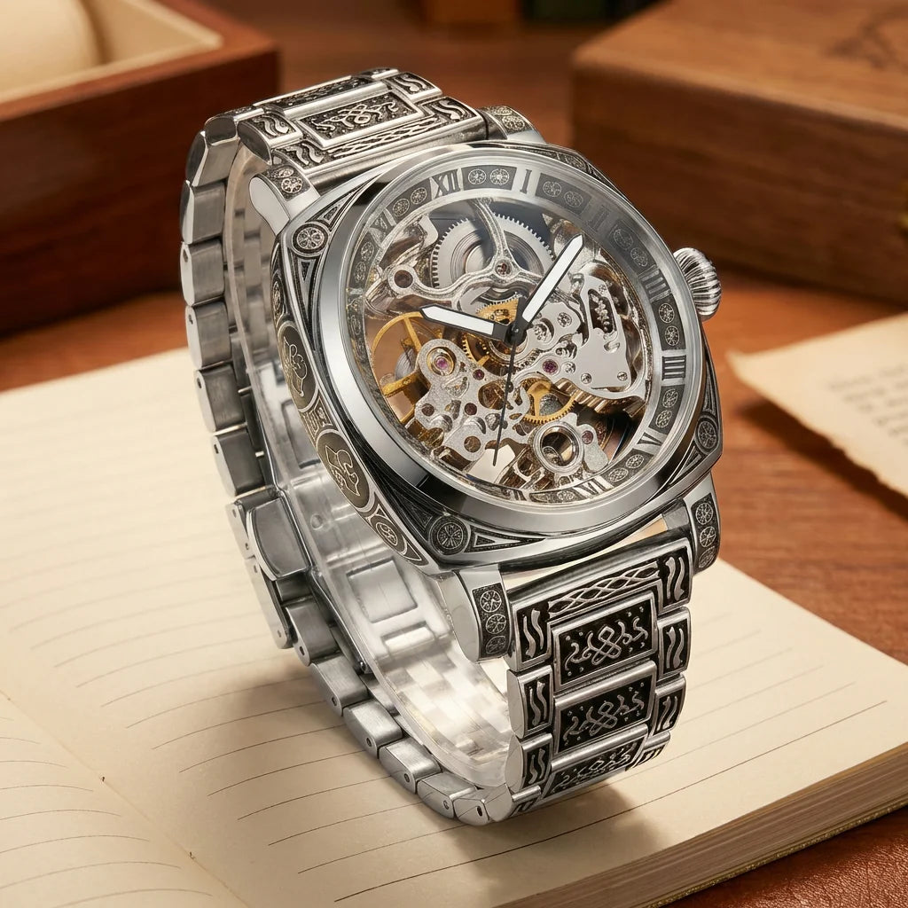 A men's fashion gentlemen's elegant pentagram rose gold and steel mechanical watch