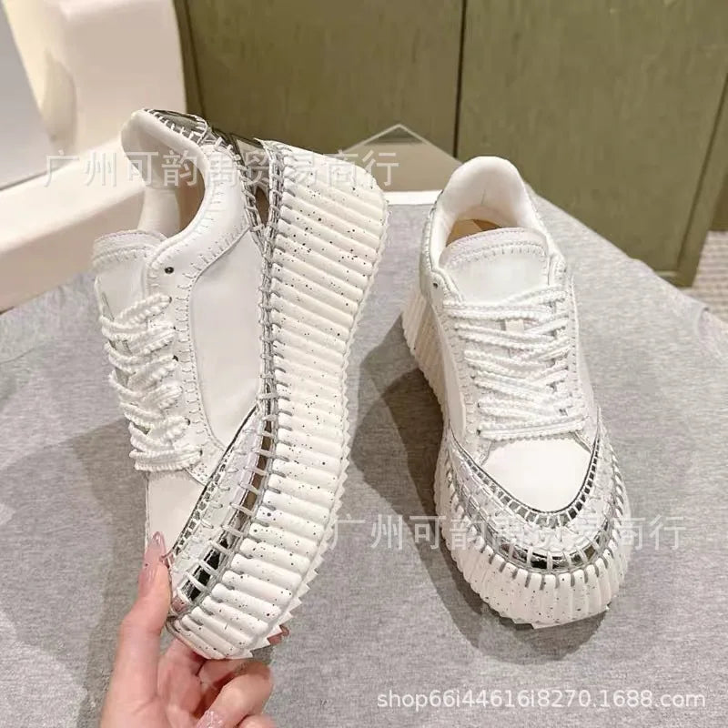 New 2025 Women's Thick Bottom Sports Shoes Sewn Casual Cowhide High Toppling Bottom Flat Shoes Comfortable Breathable Leather