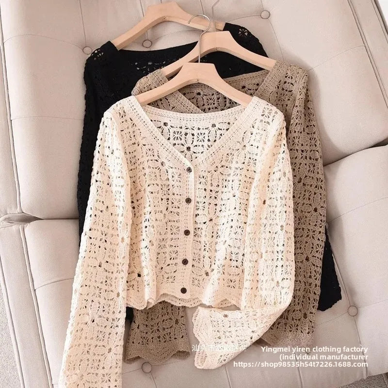 Elegant Black V-neck Long Sleeve Knitted Open Cardigan Women's Hollow out Embroidery Minimalist Versatile Item Summer Thin