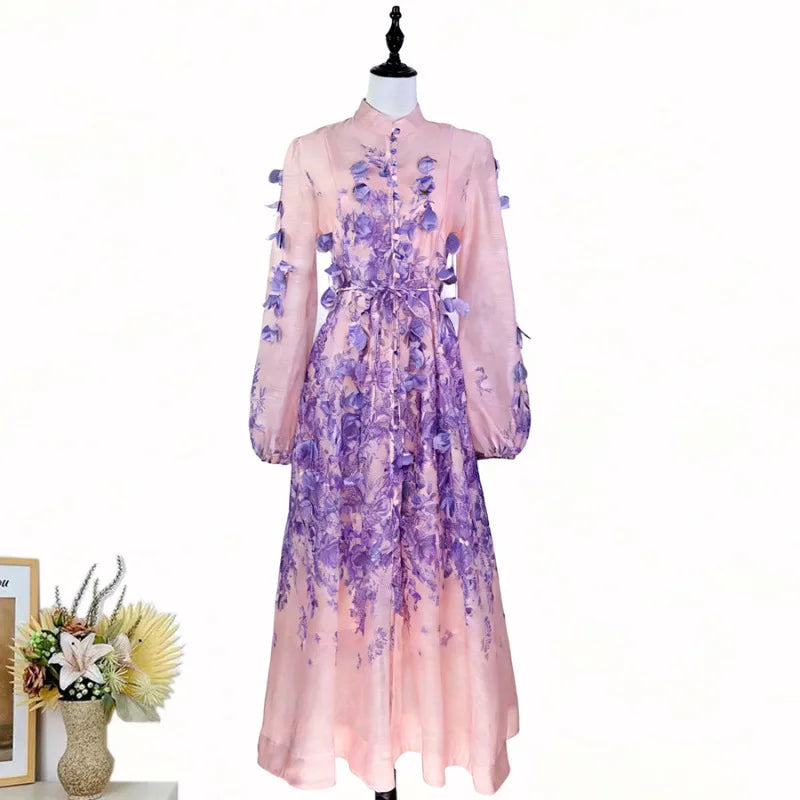Elegant Street Style Long Dress with Lantern Sleeves Single Button Stand Collar Floral Print High-End Feeling for Ladies