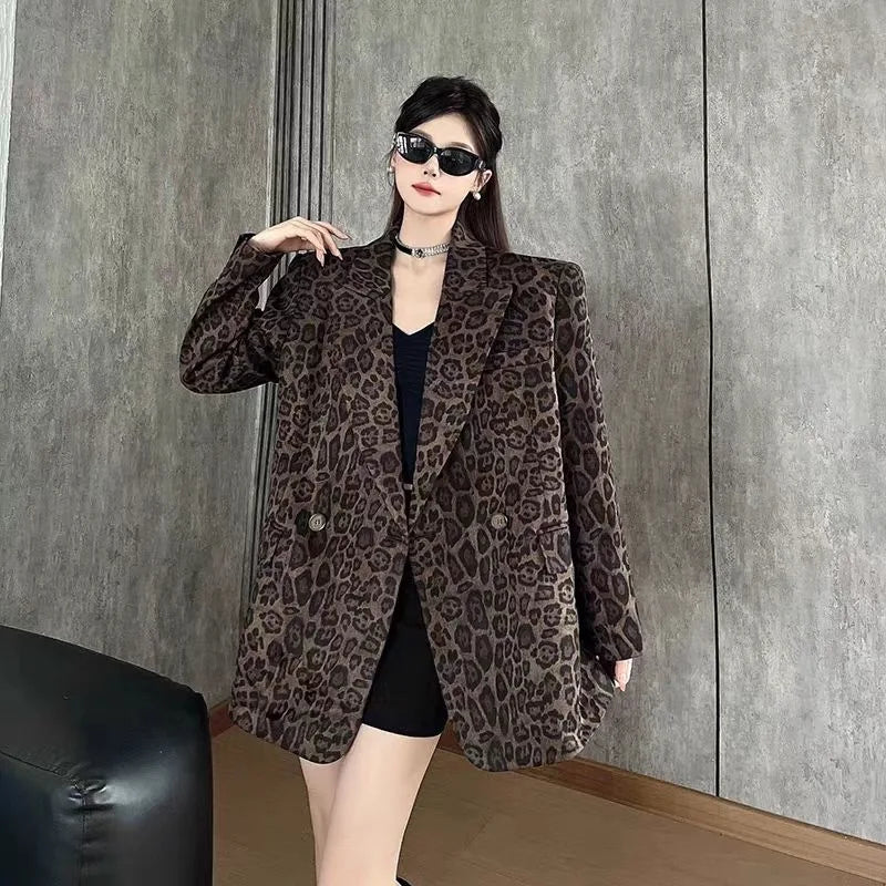 Ladies' Long Sleeve Leopard Print Suit Jacket Hepburn Style Casual Leisure Fashionable Mid-Length Coat Elegant Commute