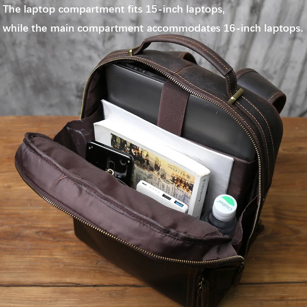 NZPJ Vintage Genuine Leather Men's Backpack Top-Grain Cowhide Business Laptop Bag Crazy Horse Leather Travel Bag For Business