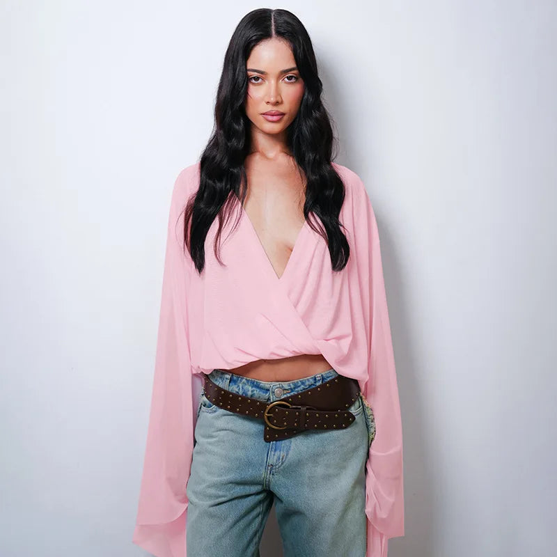 Elegant Pure Color V-Neck Mesh Splice Bell Sleeve Crop Top Women's Fashion Street Style Polyester Long Sleeve T-Shirt
