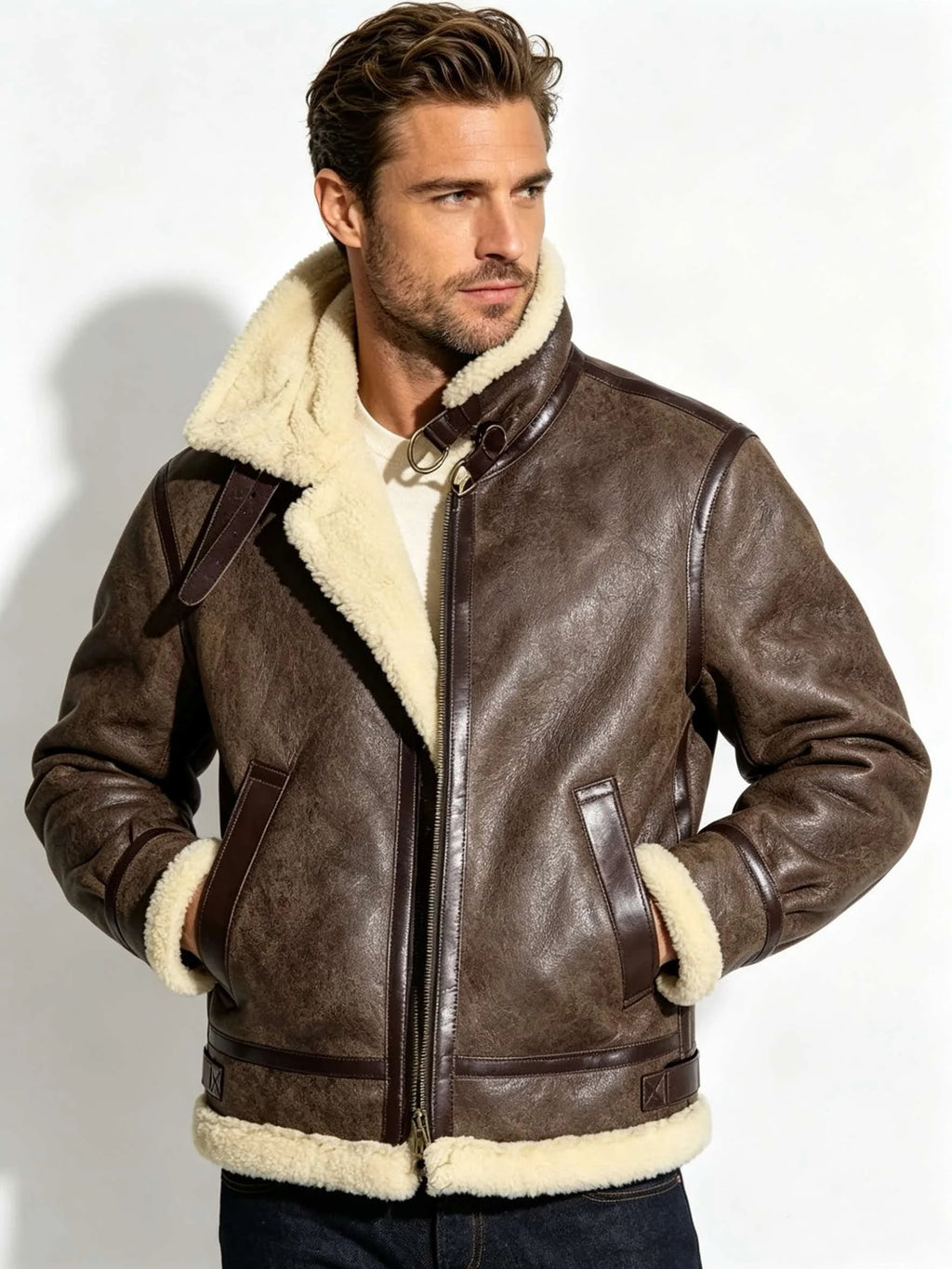 Dark Brown Winter Shearling Jacket Men Retro Style Plus Size 5XL Genuine Natural Thick Sheepskin B6 Bomber Flight Coat