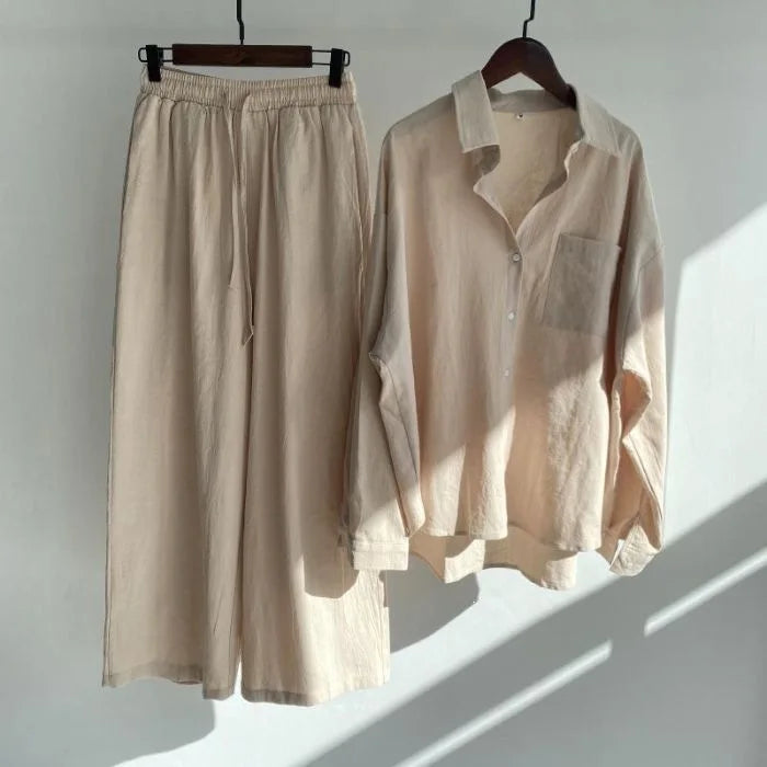 Retro Large Size Cotton Linen Shirt Set High Waist Loose Pants Two Piece Set Women's Clothing Casual Fashion Summer Season