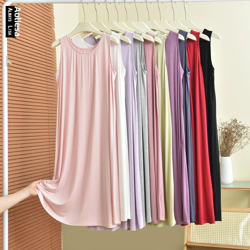 Loose Long Modal Dress Women's Summer Casual Home Clothes Outdoor Wear Vest Sleep Dress Straight Cut High Waist Midi Dress