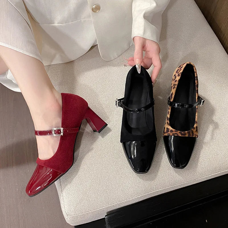 Korean Style Fashion Leopard Print Square Head Leather Color Block Rhinestone Buckle Velvet Surface Thick Heel Women's Shoes