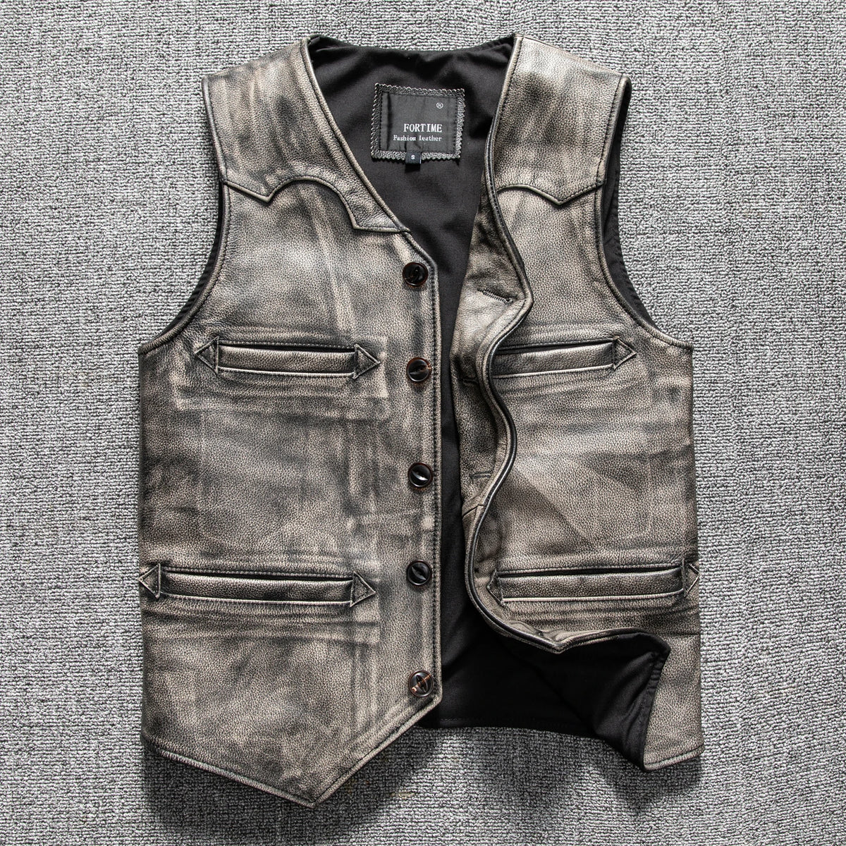 Retro Grey Four Seasons Leather Vest Men Vintage Style Plus Size 5XL Genuine Natural Cowhide Short Single Breasted Vest