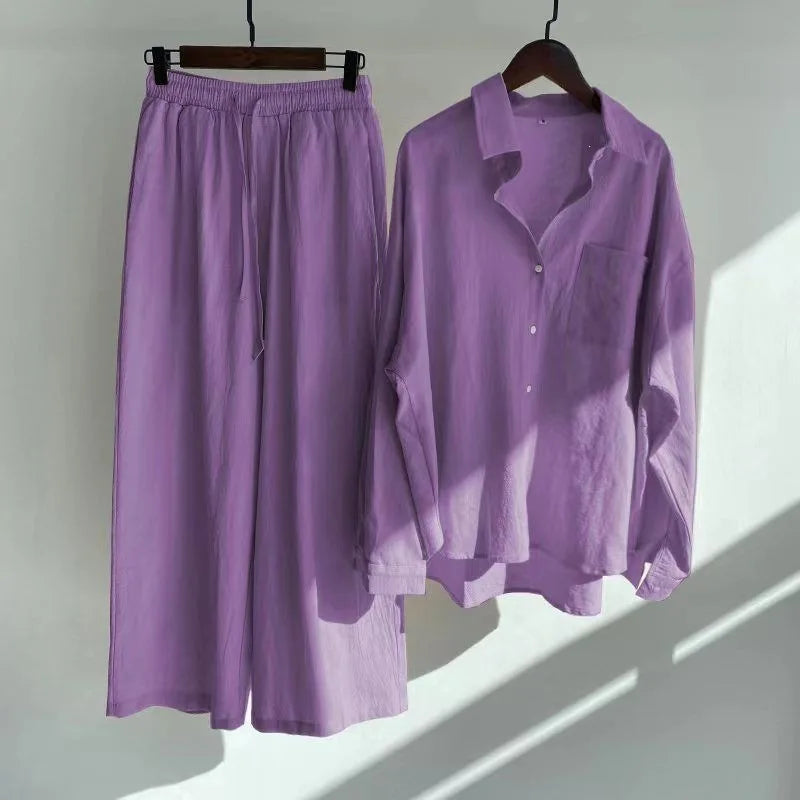 Retro Large Size Cotton Linen Shirt Set High Waist Loose Pants Two Piece Set Women's Clothing Casual Fashion Summer Season