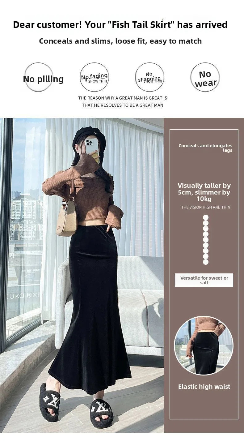 Elegant Long Velvet Skirt Women's High Waist Slim Fit Fish Tail Hem Draping Slimming Full Length Half Body Skirt