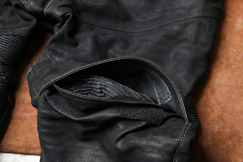 Black Spring Leather Trousers Men Retro Style Plus Size 4XL Genuine Natural Sheepskin Add Protection Device Motorcycle Pants