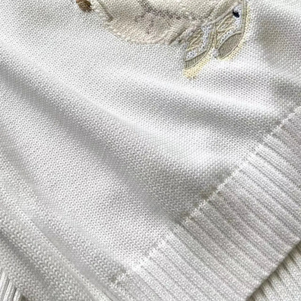 Loose Fit round Neck Knitwear Summer Women's Style Cotton Linen Blend Long Sleeve Casual Top Animal Pattern Embroidered