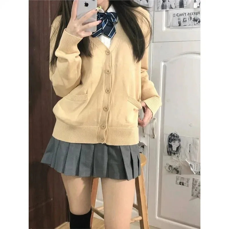 Women's Autumn/Winter Japanese Style Knitted Cardigan Sweater Preppy Style Long Sleeve Loose-Fit Top Layered Polo Collar