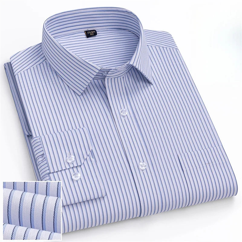 Men Formal Shirt Long Sleeve Office Solid Color Striped Fashion Business Pocket White Social Shirt Men's Clothing 5XL 6XL