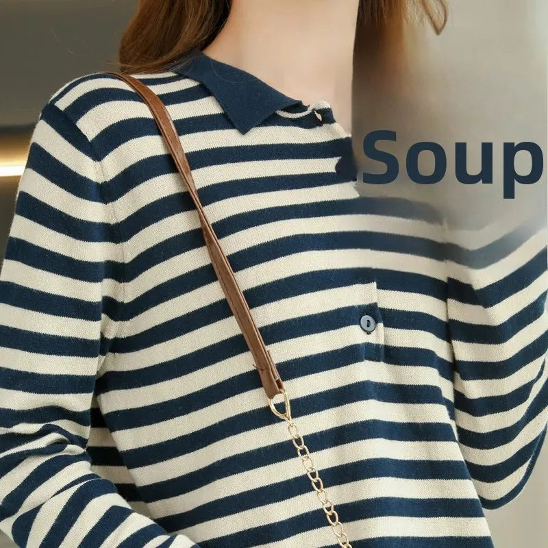 Women's Striped Base Shirt POLO Collar Long Sleeve Loose Knitted Cotton T-shirt Fashionable Spring Autumn New Style