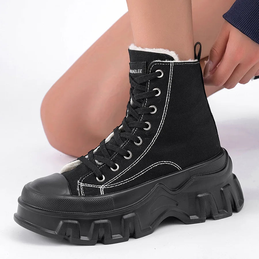 Winter Warm Thick Bottom High Top Canvas Boots Women's Shoes Large Size Black Lace-Up Short Boots Heightening Modern Dance