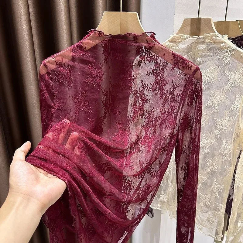 Elegant High Collar Lace Base Shirt Women's Inner Wear Hollow out Mesh Top Trendy Autumn New Style Stackable Collar