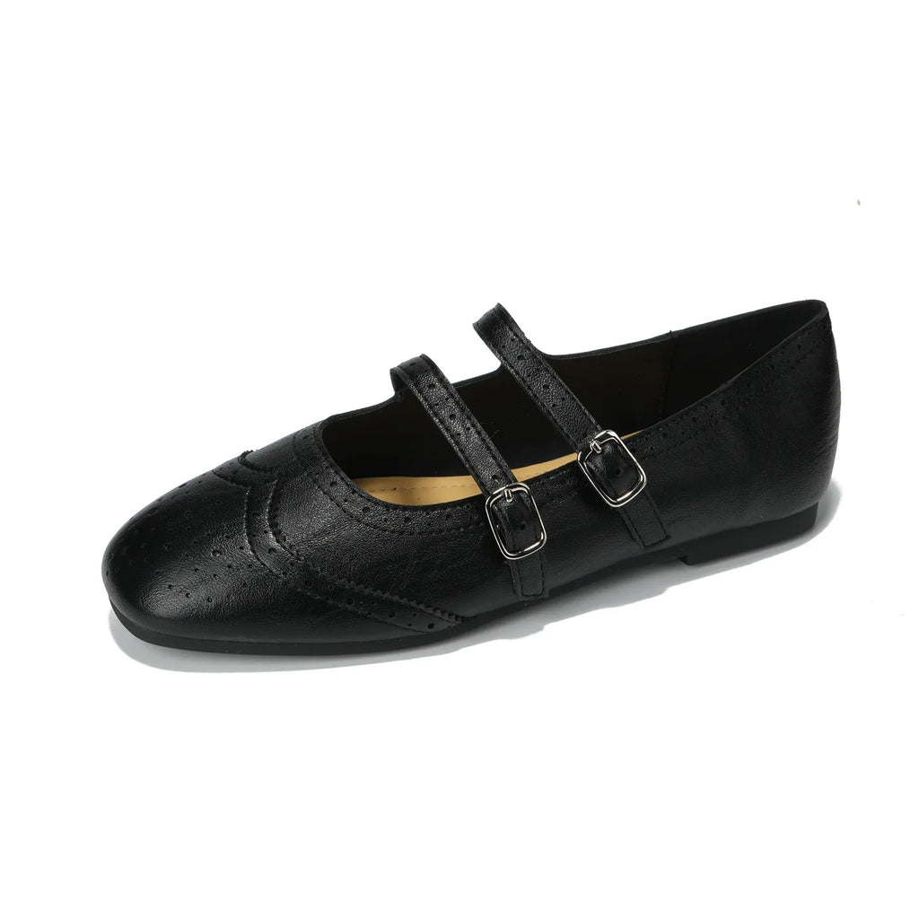 French Style Double Buckle Mary Jane Shoes Women's plus Size Flat Bottom Leather Version Beautiful Carving Spring Summer Autumn