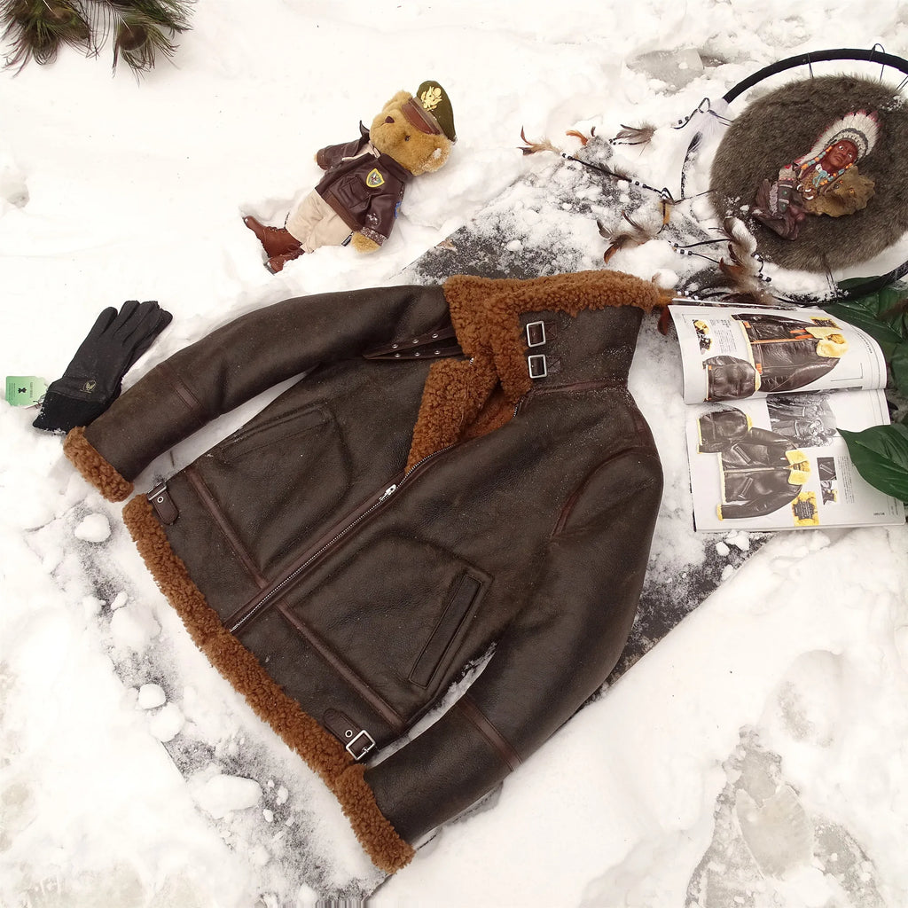 Dark Brown Winter Shearling Jacket Men Retro Vintage Style Plus Size 4XL Genuine Natural Sheepskin Bomber Military Flight Coat