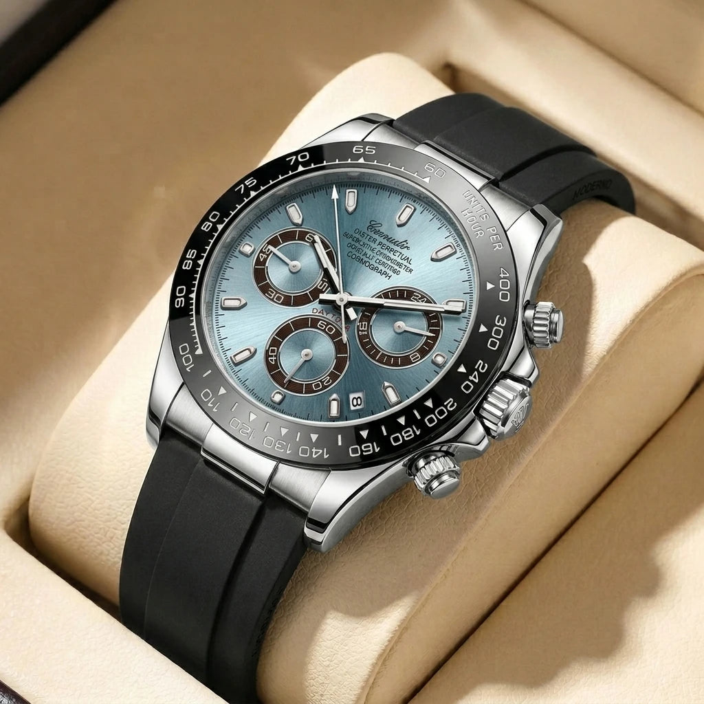 A Men's Silver Steel Strap Trendy Business Trinocular Multi-Function Graduated Quartz Watch