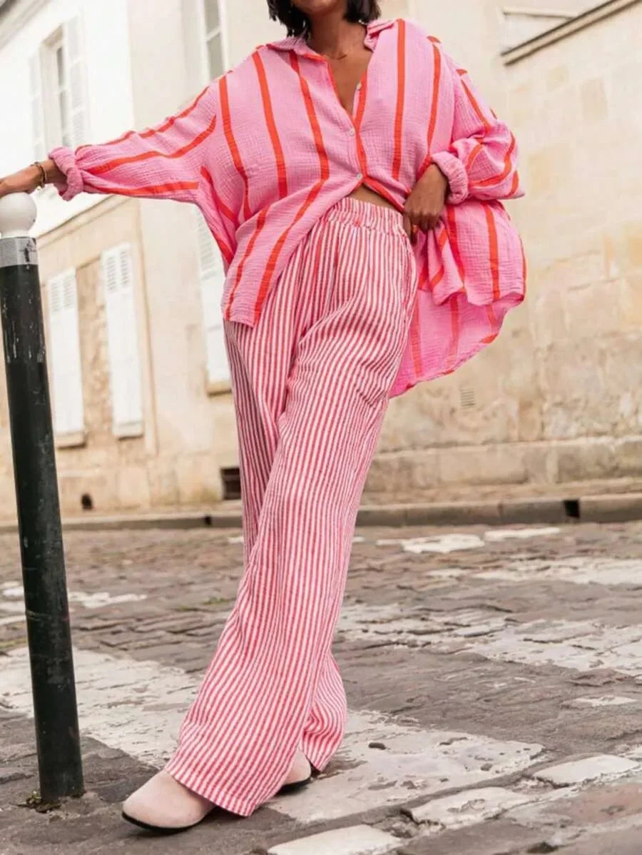 Women's Long Sleeve Button Cardigan Striped Shirt Slim Fit Polo Collar Full Length Autumn Winter New Style Cross Border Independ